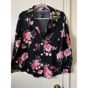 Like New Chaps Womens Floral Pajama Set Black Pink Cotton Long Sleeve Large